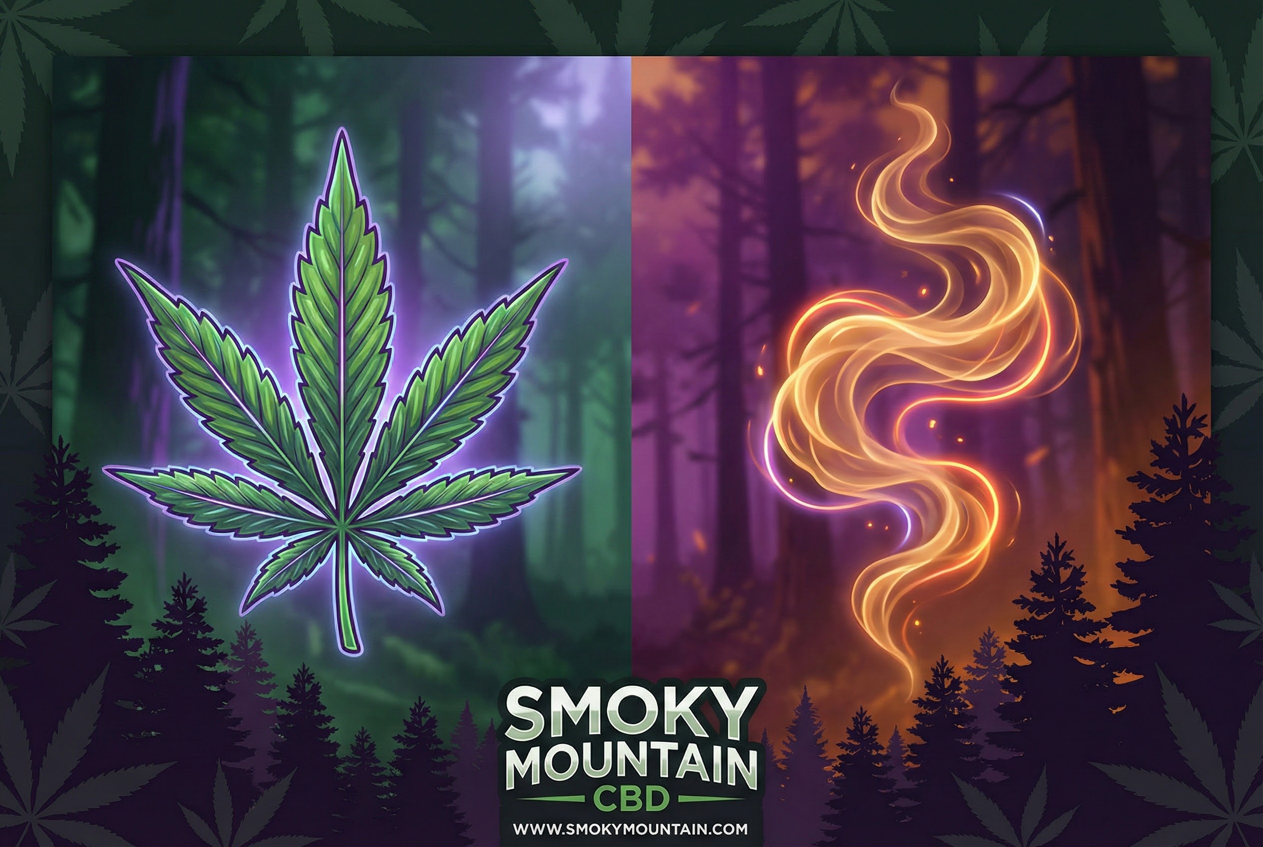 A split composition showing a fresh, raw green cannabis leaf on one side and a glowing, amber-colored vapor on the other