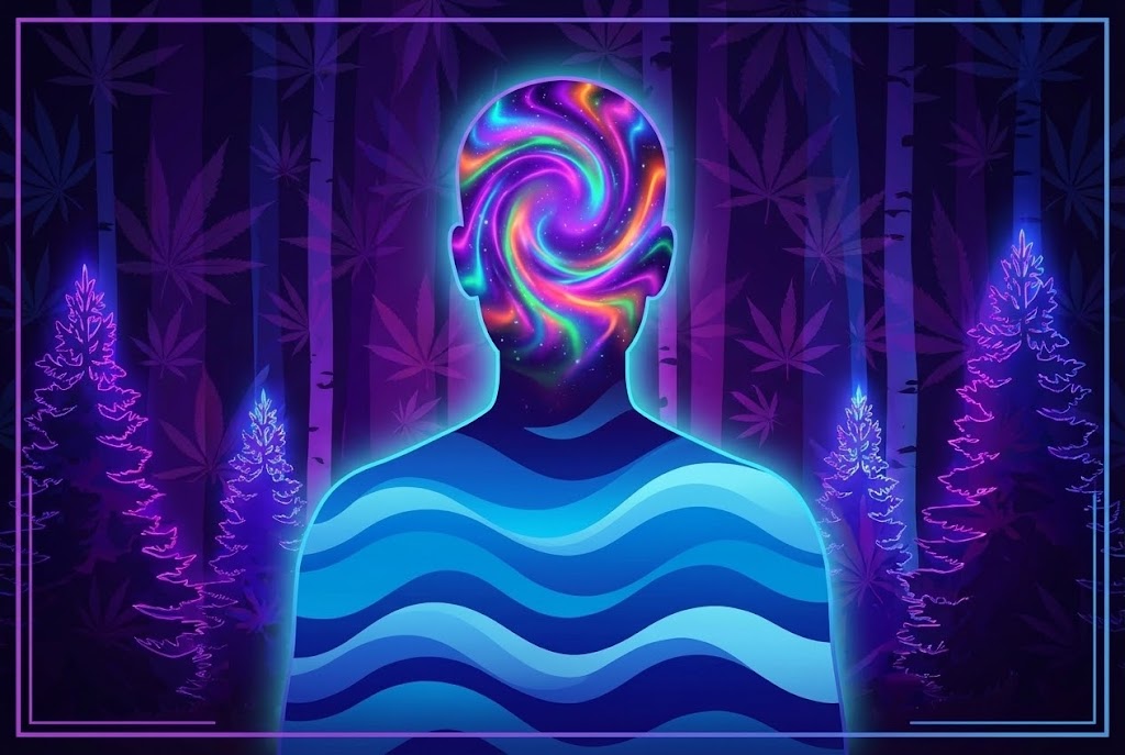 Abstract illustration of a human silhouette with swirling galaxy colors in the head and steady blue waves in the body